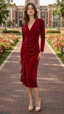 Harper Rose Red Velvet Long Sleeve Ruched Ruffle Midi Dress, Size 6